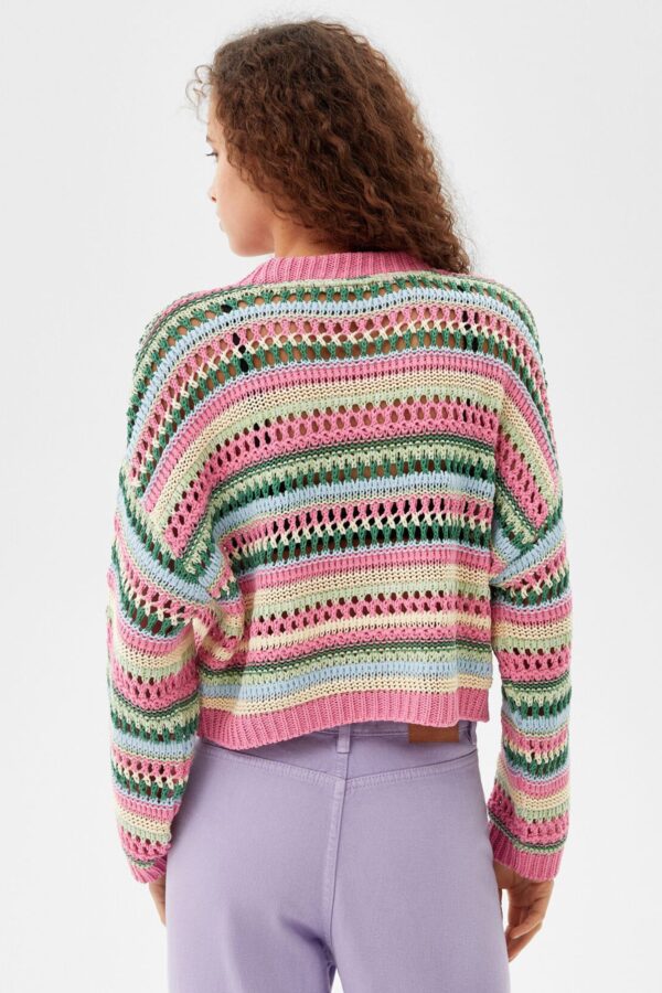 Multicolored Open-Knit Crewneck Sweater - Görsel 2