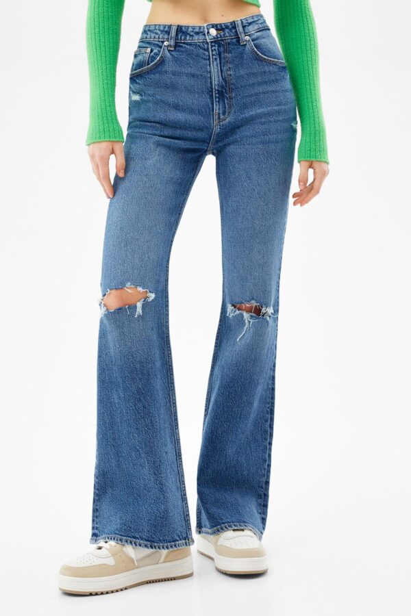 Ripped Flared Vintage Jeans - Görsel 4