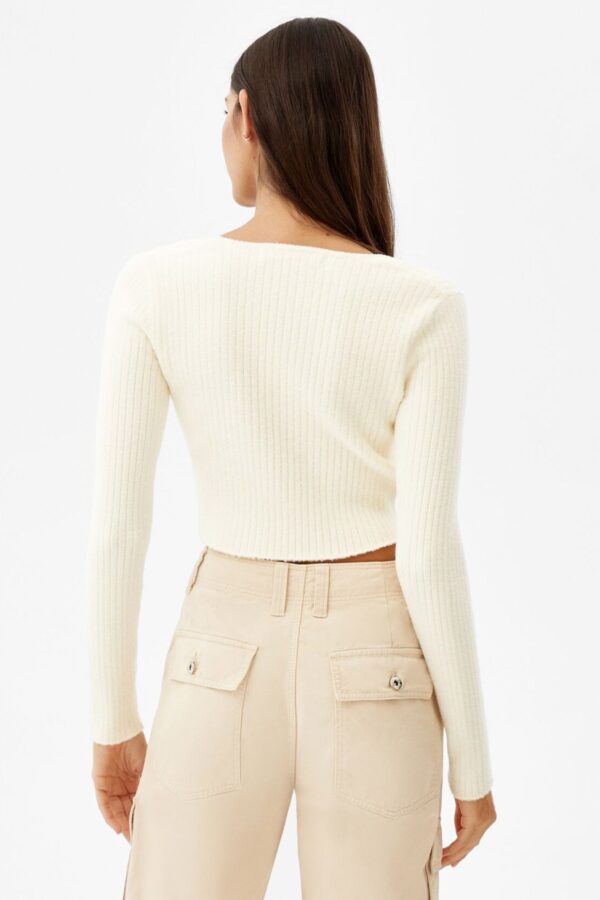 Ribbed V-Neck Cardigan With Rhinestone Detail - Görsel 2