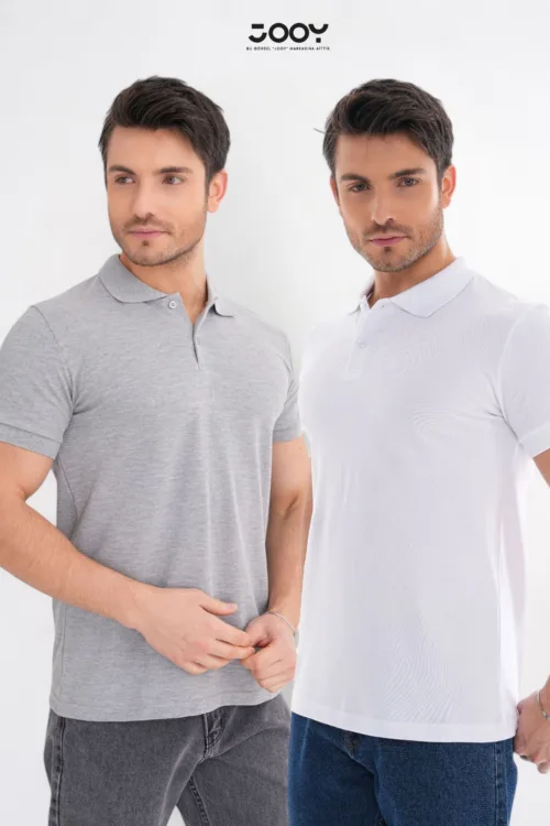 2’li Avantaj Paket Gri – Beyaz %100 Pamuk Erkek Polo Yaka T-Shirt