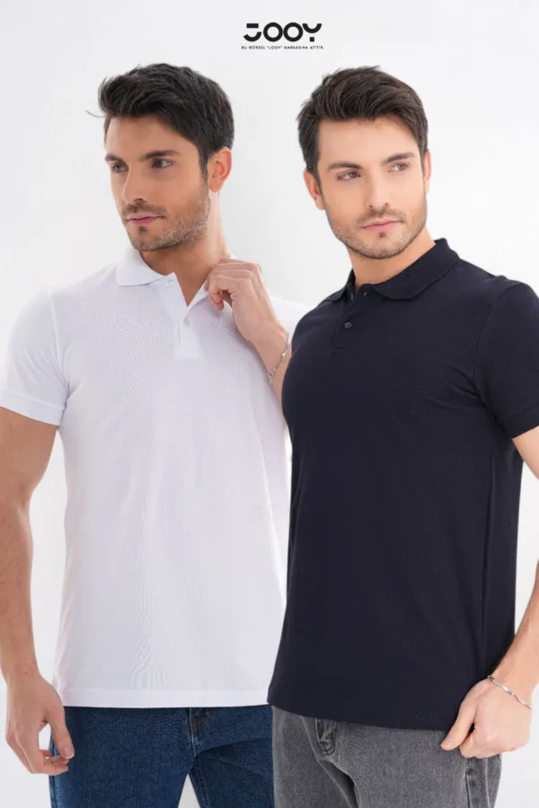 2'li Avantaj Paket Lacivert - Beyaz %100 Pamuk Erkek Polo Yaka T-Shirt - L-alttext1