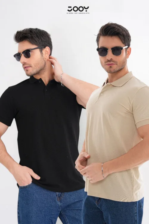 2’li Avantaj Paket Siyah – Bej %100 Pamuk Erkek Polo Yaka T-Shirt