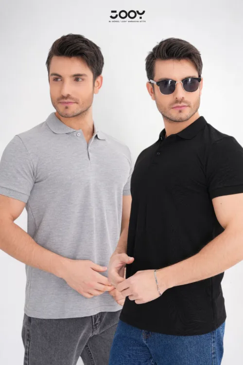 2’li Avantaj Paket Siyah – Gri %100 Pamuk Erkek Polo Yaka T-Shirt
