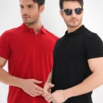 2'li Avantaj Paket Siyah - Kırmızı %100 Pamuk Erkek Polo Yaka T-Shirt - L-alttext1