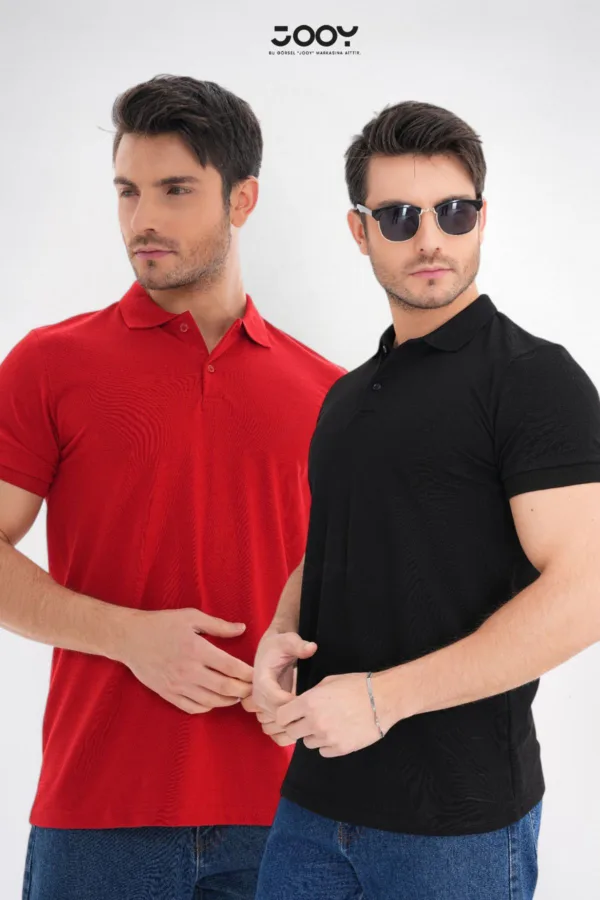 2'li Avantaj Paket Siyah - Kırmızı %100 Pamuk Erkek Polo Yaka T-Shirt - L-alttext1
