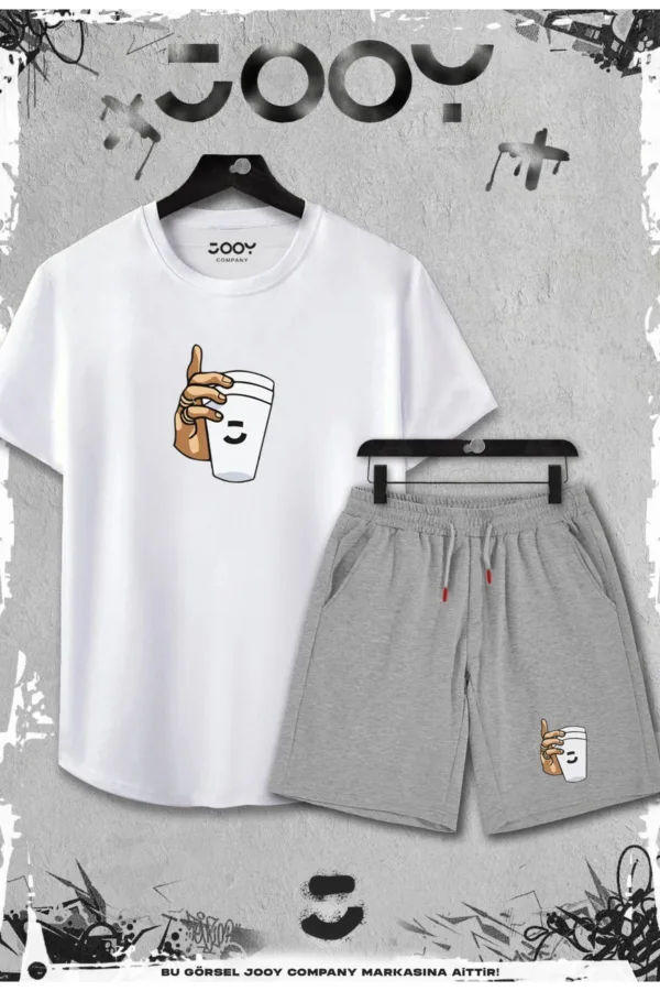 2'li Bardak Tasarım Slim Fit Beyaz Tshirt - Gri Şortlu Takım - L-alttext1
