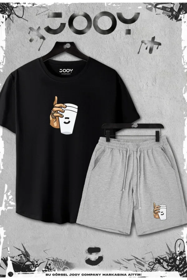 2'li Bardak Tasarım Slim Fit Siyah Tshirt - Gri Şortlu Takım - L-alttext1