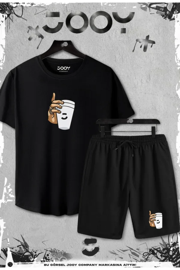 2'li Bardak Tasarım Slim Fit Siyah Tshirt - Siyah Şortlu Takım - S-alttext1