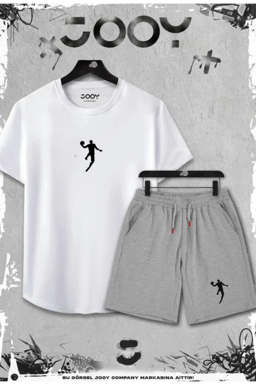 2’li Basketbolcu Slim Fit Beyaz Tshirt – Gri Şortlu Takım