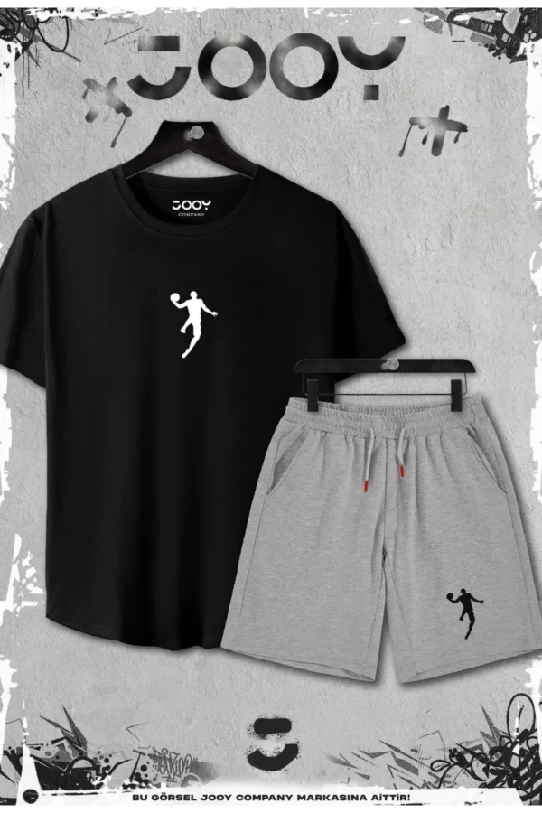 2'li Basketbolcu Slim Fit Siyah Tshirt - Gri Şortlu Takım - S-alttext1
