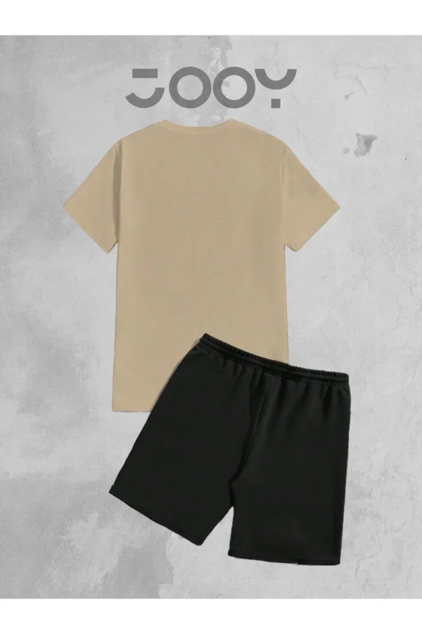 2'li Düz Baskısız Oversize Bej Tshirt - Siyah Penye Şortlu Takım - S-alttext2