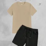 2'li Düz Baskısız Oversize Bej Tshirt - Siyah Penye Şortlu Takım - S-alttext1