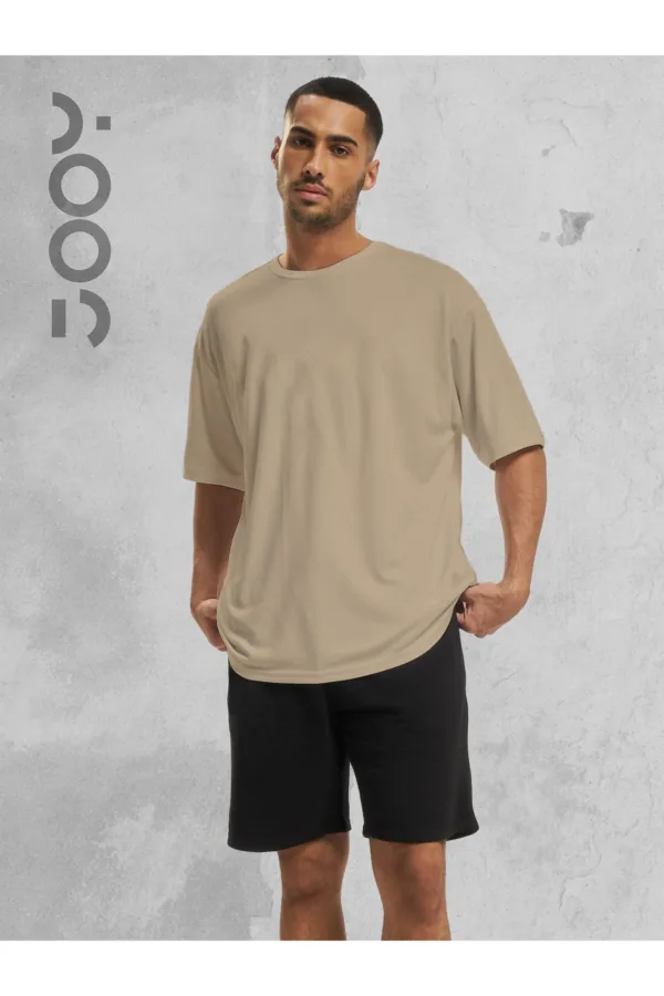 2'li Düz Baskısız Oversize Bej Tshirt - Siyah Penye Şortlu Takım - S-alttext3