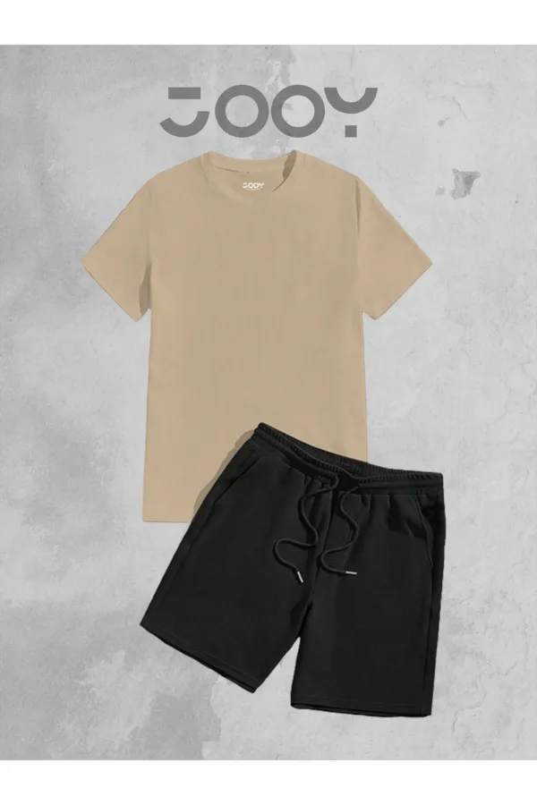 2'li Düz Baskısız Oversize Bej Tshirt - Siyah Penye Şortlu Takım - S-alttext1