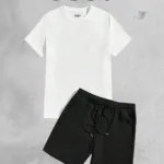 2'li Düz Baskısız Oversize Beyaz Tshirt - Siyah Penye Şortlu Takım - L-alttext1