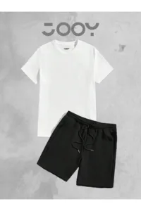 2'li Düz Baskısız Oversize Beyaz Tshirt - Siyah Penye Şortlu Takım-alttext1