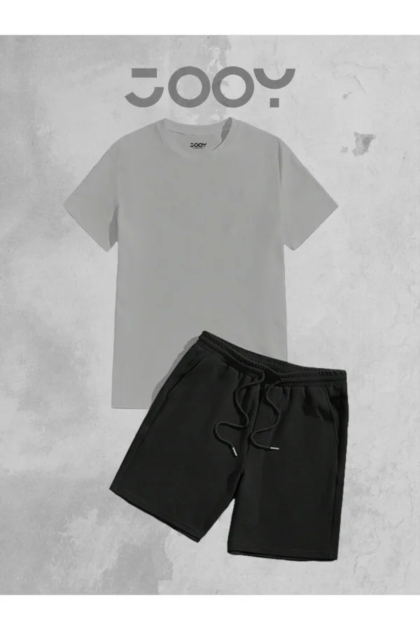 2'li Düz Baskısız Oversize Gri Tshirt - Siyah Penye Şortlu Takım - L-alttext1