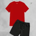2'li Düz Baskısız Oversize Kırmızı Tshirt - Siyah Penye Şortlu Takım - S-alttext1