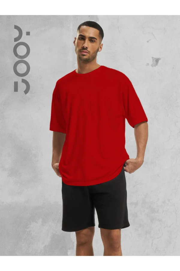 2'li Düz Baskısız Oversize Kırmızı Tshirt - Siyah Penye Şortlu Takım - S-alttext3