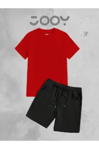 2'li Düz Baskısız Oversize Kırmızı Tshirt - Siyah Penye Şortlu Takım-alttext1
