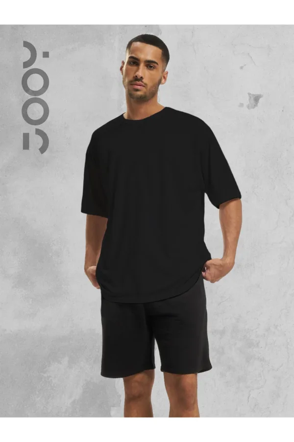 2'li Düz Baskısız Oversize Siyah Tshirt - Siyah Penye Şortlu Takım - S-alttext3