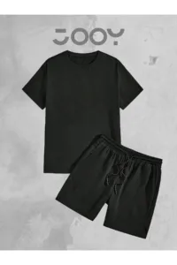 2'li Düz Baskısız Oversize Siyah Tshirt - Siyah Penye Şortlu Takım-alttext1