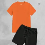 2'li Düz Baskısız Oversize Turuncu Tshirt - Siyah Penye Şortlu Takım - S-alttext1