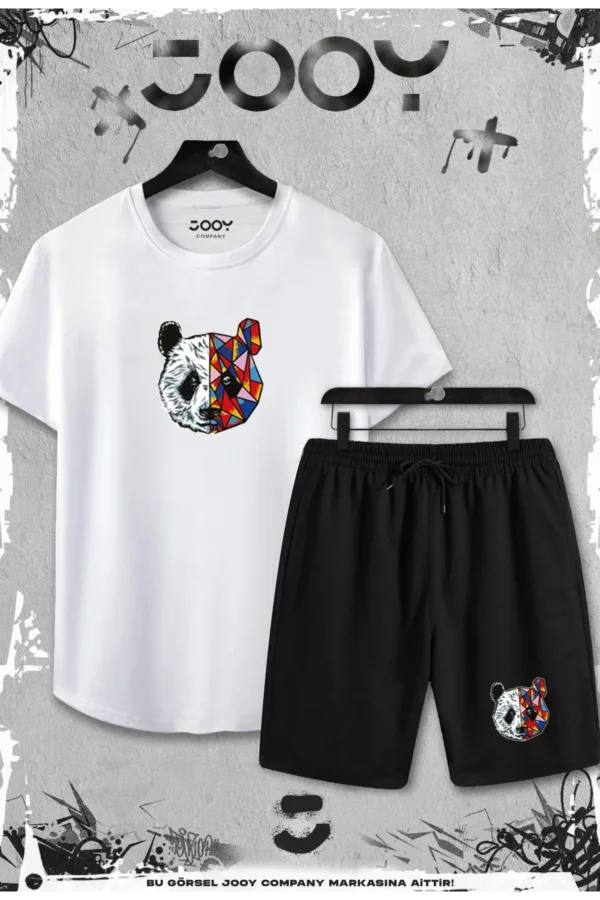 2'li Panda Baskılı Slim Fit Beyaz Tshirt - Siyah Şortlu Takım - M-alttext1