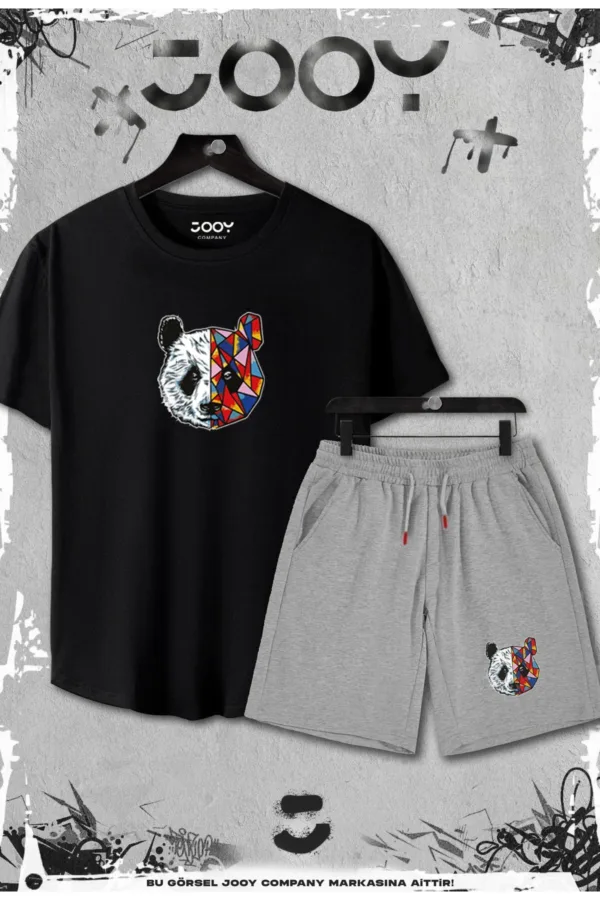 2'li Panda Baskılı Slim Fit Siyah Tshirt - Gri Şortlu Takım - L-alttext1