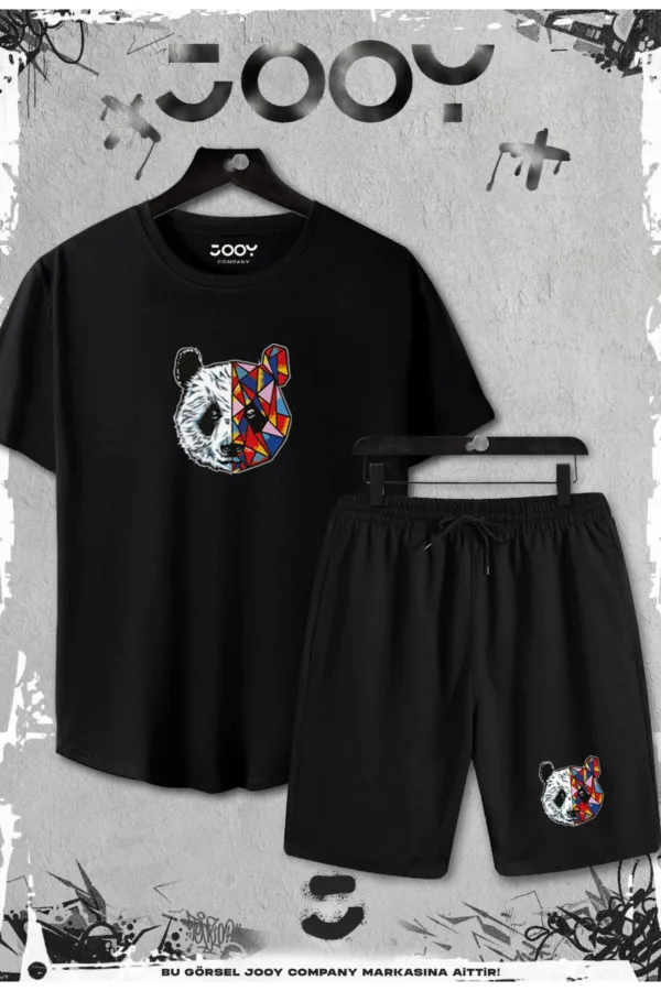 2'li Panda Baskılı Slim Fit Siyah Tshirt - Siyah Şortlu Takım - L-alttext1