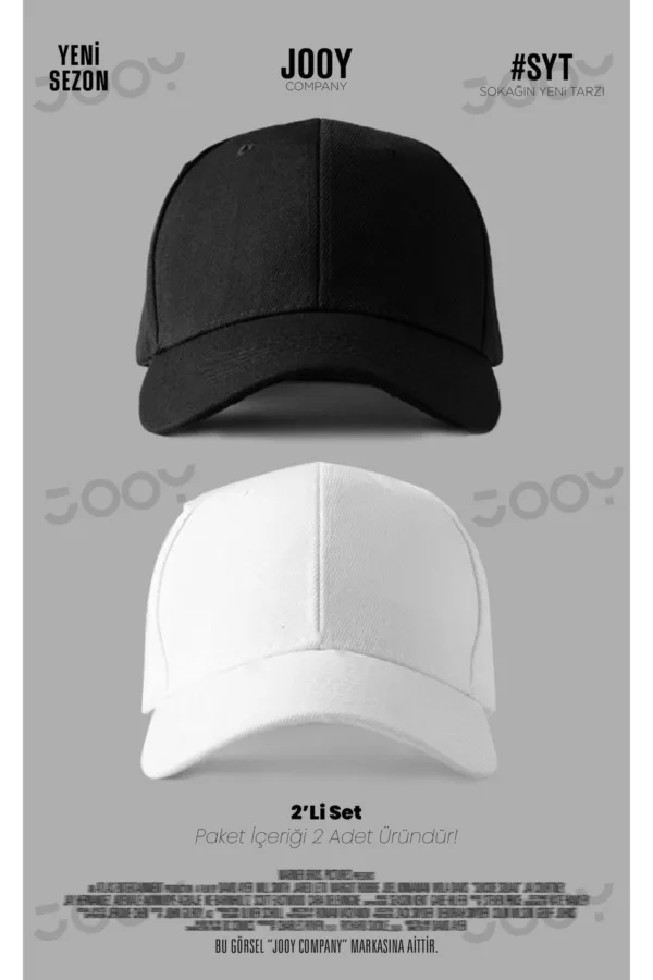 2'li Set Siyah Beyaz Düz Spor Şapka Unisex Arkası Cırtlı Ayarlanabilir-alttext2