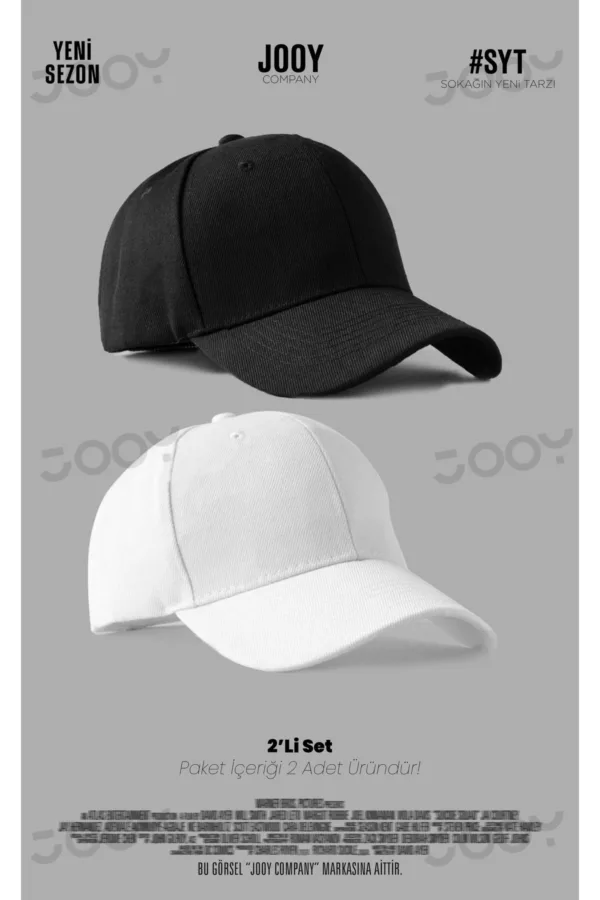 2'li Set Siyah Beyaz Düz Spor Şapka Unisex Arkası Cırtlı Ayarlanabilir-alttext1