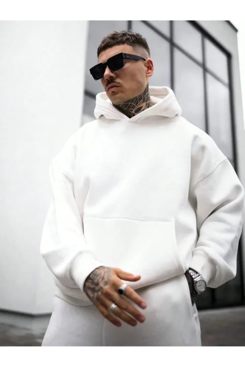 3 İplik Beyaz Oversize Basic Baskısız Sweatshirt Hoodie