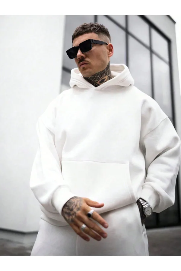 3 İplik Beyaz Oversize Basic Baskısız Sweatshirt Hoodie - XL-alttext1