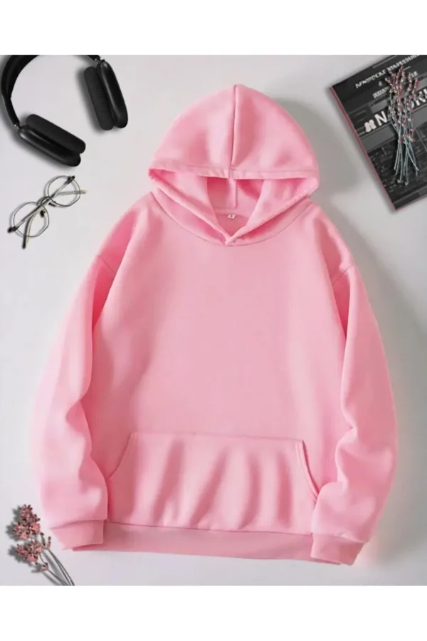 3 İplik Pembe Unisex Oversize Basic Sweatshirt Hoodie - XL-alttext3