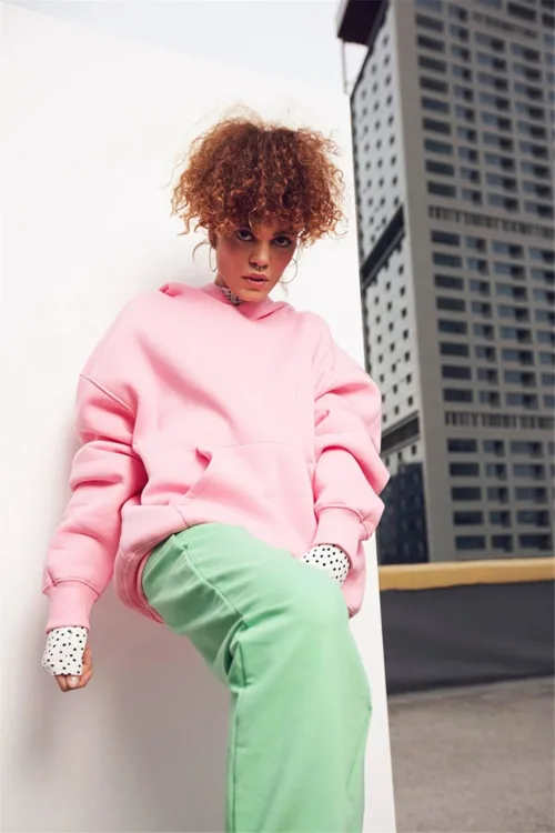 3 İplik Pembe Unisex Oversize Basic Sweatshirt Hoodie