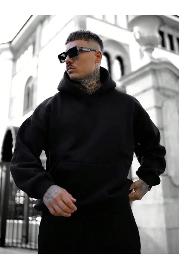 3 İplik Siyah Oversize Basic Baskısız Sweatshirt Hoodie - L-alttext1