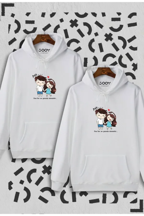 Aşk Temalı Sevgili Çift Kombini Beyaz Kapüşonlu Sweatshirt 2'li Set - L/XL-alttext1