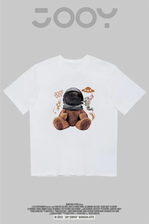 Astronot Ayı Baskılı Beyaz Oversize Tshirt