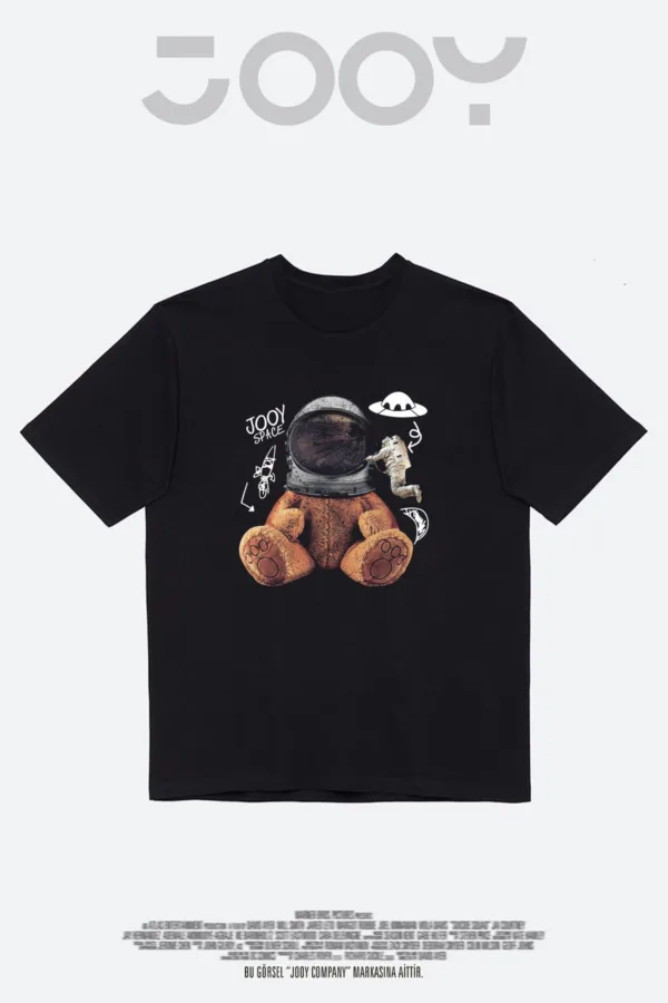 Astronot Ayı Baskılı Siyah Oversize Tshirt - M-alttext1