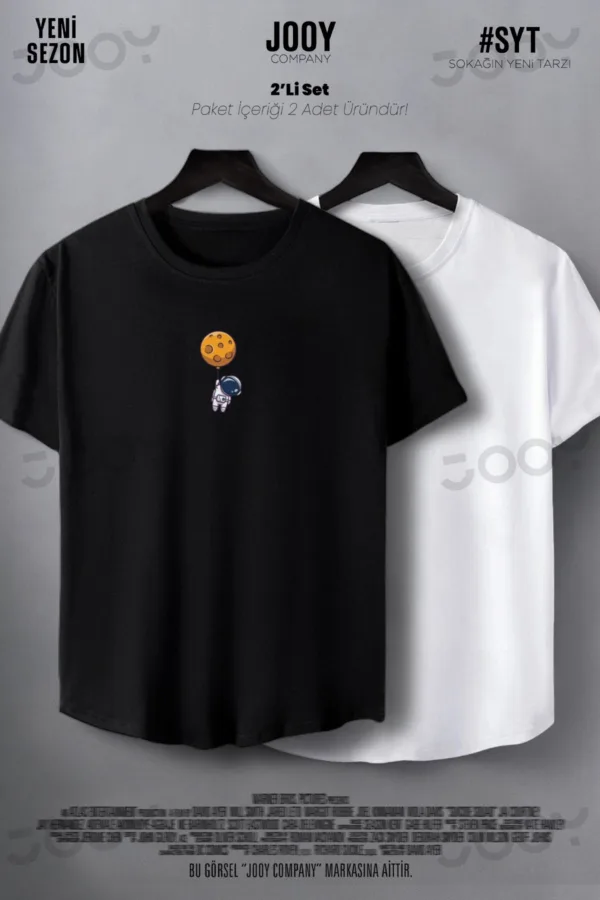 Astronot Baskılı Siyah Beyaz Oval Kesim Slim Fit Tshirt 2'li Set - S-alttext2