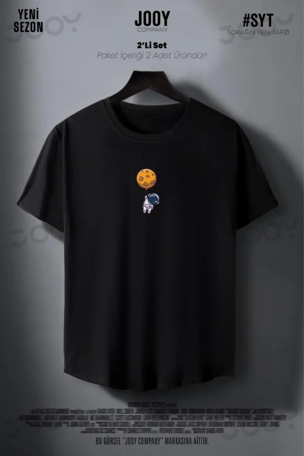 Astronot Baskılı Siyah Beyaz Oval Kesim Slim Fit Tshirt 2'li Set - S-alttext4