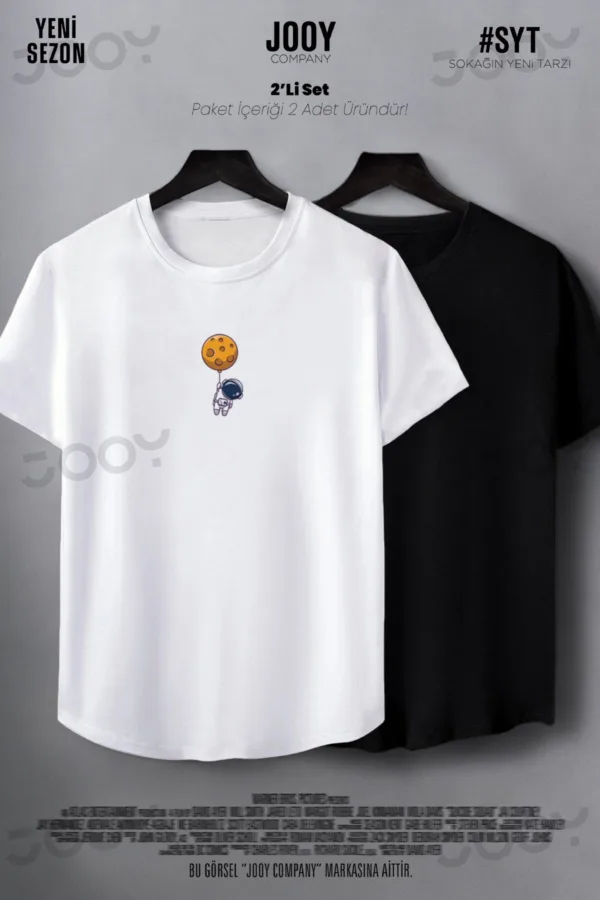 Astronot Baskılı Siyah Beyaz Oval Kesim Slim Fit Tshirt 2'li Set - S-alttext1