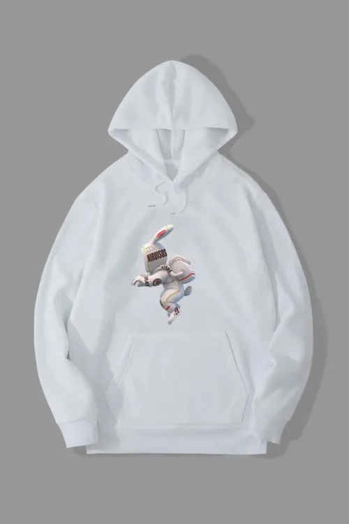 Astronot Tavşan Baskılı Kapüşonlu Sweatshirt