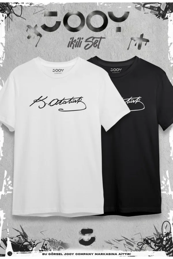 Atatürk İmza Baskılı Oversize Geniş Kalıp T-Shirt Siyah Beyaz 2'li Set - L-alttext2