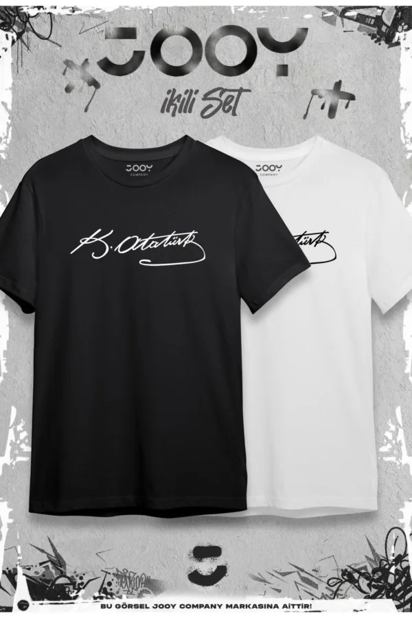 Atatürk İmza Baskılı Oversize Geniş Kalıp T-Shirt Siyah Beyaz 2'li Set - L-alttext1