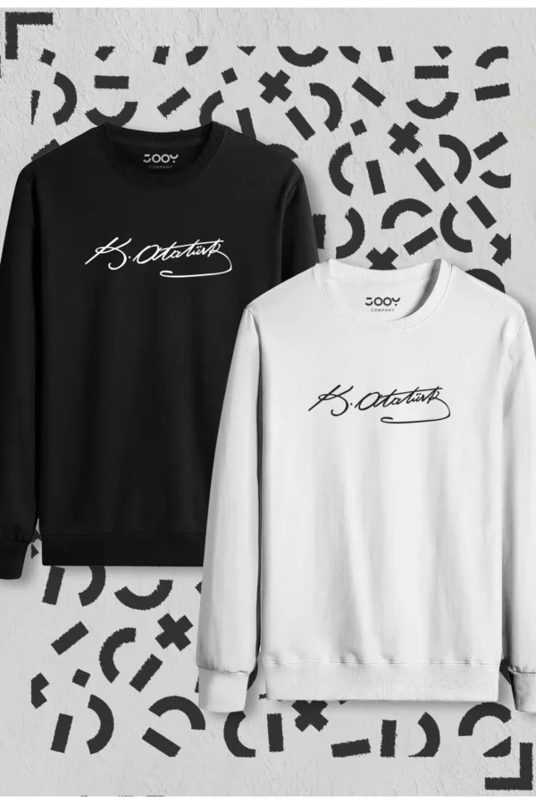Atatürk İmza Baskılı Siyah Beyaz Bisiklet Yaka Sweatshirt 2'li Set - XL-alttext1