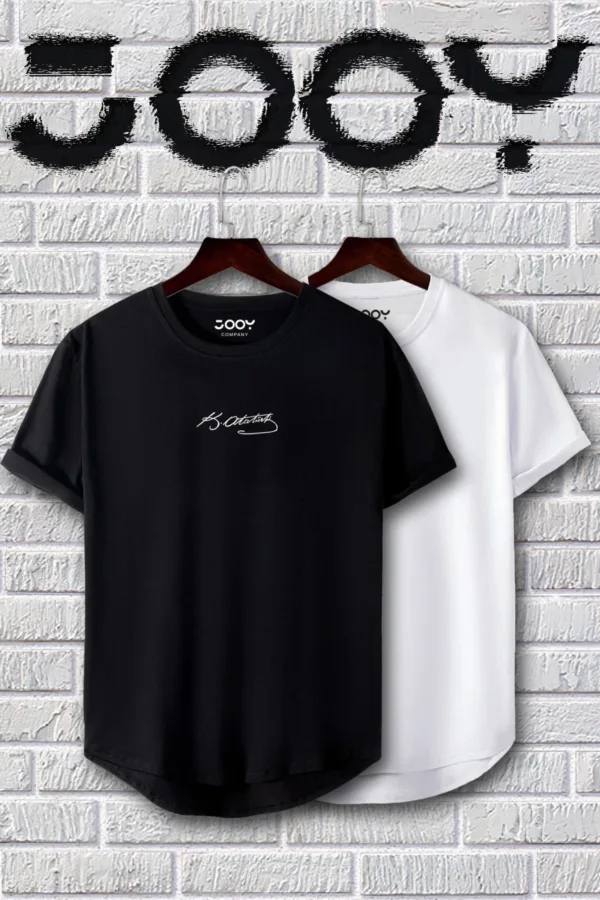 Atatürk Imza Baskılı Siyah Beyaz Oval Kesim Tshirt 2'li Set - L-alttext1