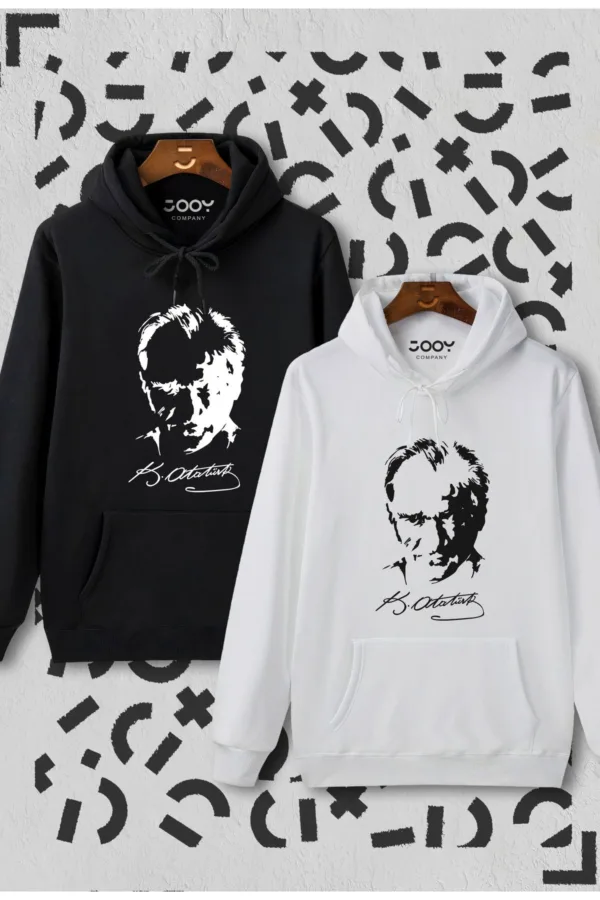 Atatürk Siluet İmza Baskılı Siyah Beyaz Kapüşonlu Sweatshirt Avantaj Paketi 2'li Set - XL-alttext1