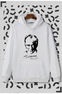 Atatürk Siluet Imza Beyaz Kapüşonlu Sweatshirt Hoodie-alttext1